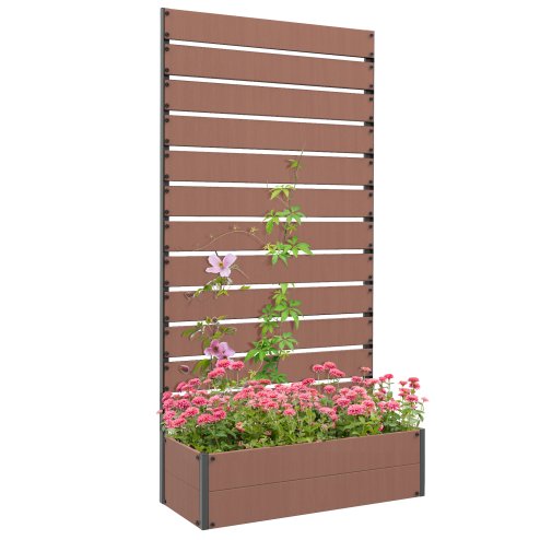 Outsunny Garden Planter with Trellis for Climbing Plants, Vines, Flowers, Freestanding Raised Bed for Garden, Outdoor, Patio, Planter Box with Drainage Gap, Light Brown