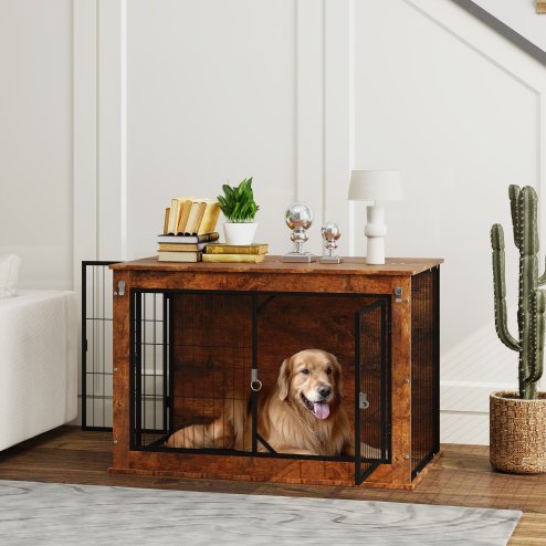 PawHut Dog Crate Furniture, Dog Cage End Table with Openable Top, Two Lockable Doors, for Large Pets, 98 x 60 x 65.5cm, Rustic Brown