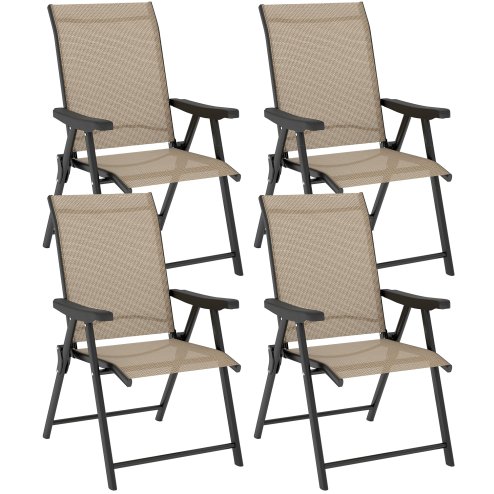 Outsunny Set of 4 Folding Chair, Garden Chair Set with Breathable Mesh Back and Seat, Outdoor Camping Chairs with Armrests, Steel Frame for Deck Balcony, Brown