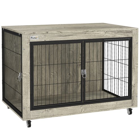 PawHut Dog Crate Furniture on Wheels, Dog Cage End Side Table with Lockable Double Doors, for Large Breeds, 100 x 60 x 73.5cm, Grey