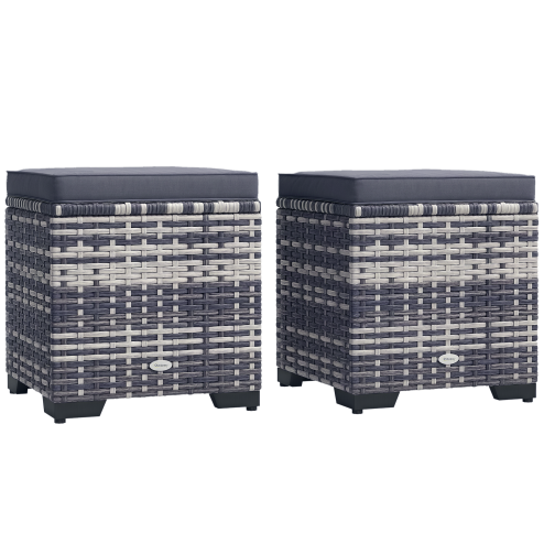 Outsunny Set of 2 Rattan Storage Ottoman, Outdoor Footstool with Removable Cushions, Garden Storage Seat for Balcony, Porch, Living Room, Dark Grey