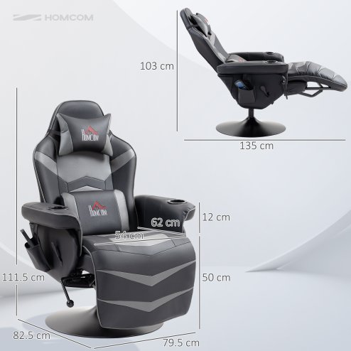 HOMCOM Massage Recliner Chair with Remote, PU Leather Recliner Armchair with Cup Holders and Side Pockets, Racing Style Reclining Chair with Headrest, 360° Swivel, Lumbar Support, Grey