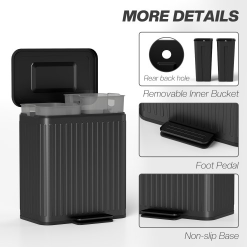 HOMCOM Dual Kitchen Bin, 2 x 20L Double Bin for Recycling and Waste, Fingerprint-proof Pedal Bin with Soft-Close Lid, Removable Inner Buckets
