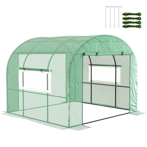 Outsunny 3 x 3 x 2m Polytunnel Greenhouse with Doors and Mesh Windows, Walk-in Grow House Tent with UV-resistant PE Cover and Steel Frame, Green