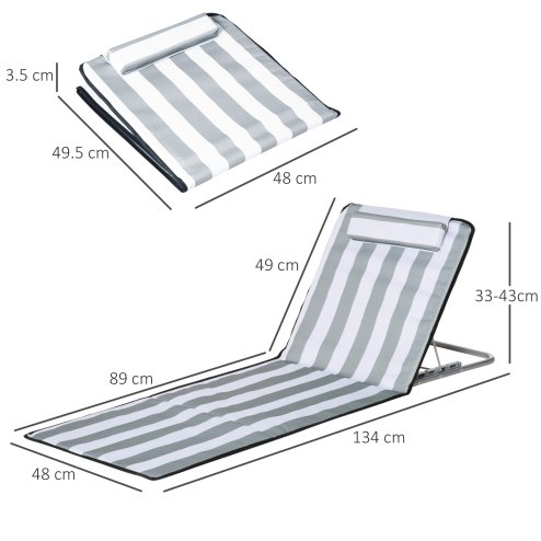 Outsunny Set of 2 Foldable Garden Beach Chair Mat Lightweight Outdoor Sun Lounger Seats Adjustable Back Metal Frame PE Fabric Head Pillow w/ Carry Bag, Light Grey