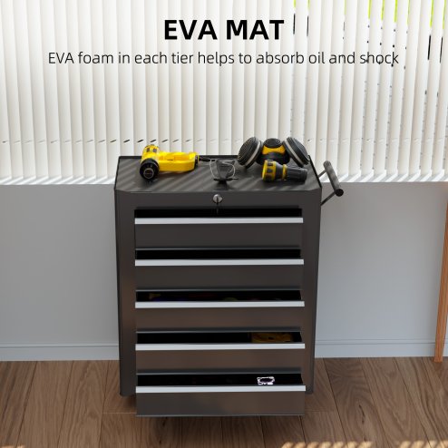 HOMCOM Steel 5-Drawer Tool Storage Cabinet Lockable with Wheels Handle 2 Keys Garage Equipment Trolley Home Work DIY Workshop Chest Black