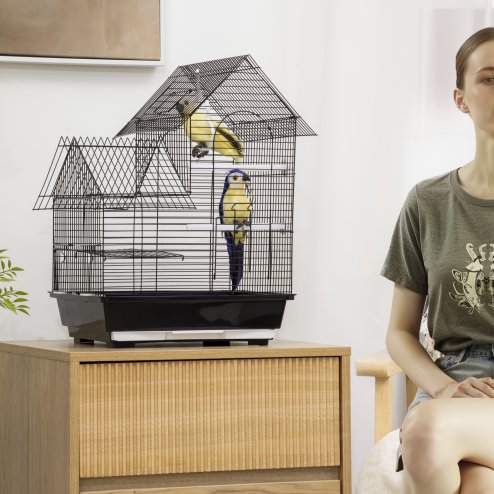 PawHut Metal Bird Cage for Finch, Canary w/ Food Containers, Swing Ring, Tray, Handle, 39 x 33 x 47cm