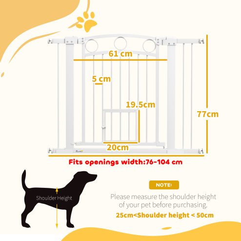 PawHut Stair Gate, 77cm Extra Tall Dog Gate with Adjustable Width, 76-104cm Pressure Fit Safety Gate with Cat Door, 7cm and 14cm Extensions, for Stairs, Doorways, Easy Installation, White