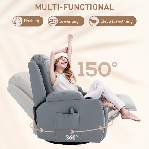 HOMCOM Massage Recliner Chair with 8 Vibration & Heat, PU Leather Recliner Armchair with Cup Holders and Side Pockets, Manual Reclining Chair with Remote, 360° Swivel, Rocking, Light Grey