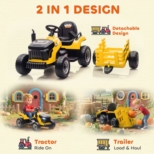 AIYAPLAY Ride on Tractor with Trailer, 12V Electric Vehicle with Remote Control, Ride on Car for Kids with Music, Shifter, Start-Up Sound for Ages 3-8 Years, Yellow