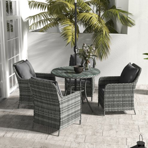 Outsunny 4 Seater Rattan Dining Set with Parasol, Luxury Rattan Garden Furniture Set with Seat and Back Cushions, Outdoor Table and Chairs, Round Glass Top Table