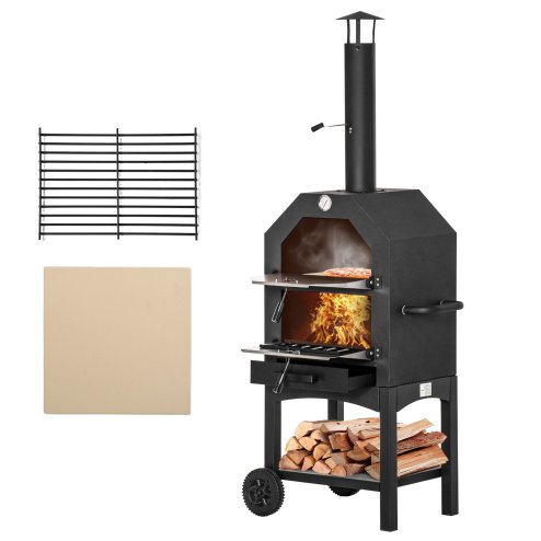 Outsunny Outdoor Garden Pizza Oven Charcoal BBQ Grill 3-Tier Freestanding w/ Chimney, Mesh Shelf, Thermometer Handles, Wheels Garden Party Gathering Stainless Steel Cooker