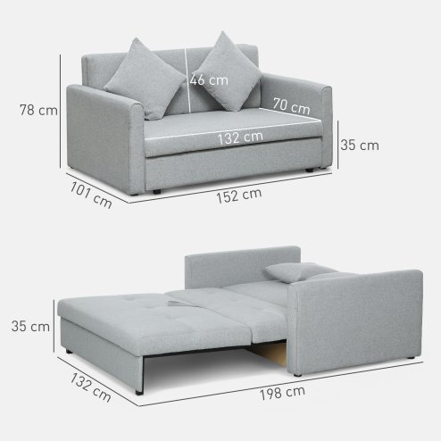 HOMCOM 2 Seater Sofa Bed, Convertible Bed Settee, Modern Linen Loveseat Sofa Couch with 2 Cushions, Hidden Storage for Living Room, Guest Room, Light Grey