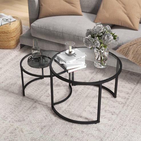 HOMCOM Coffee Table Set of 2, Modern Nest of Tables with Tempered Glass Top, Steel Frame for Living Room, Black