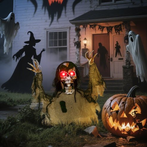 Outsunny Halloween Animated Skeleton with Glowing LED Eyes, Half-Body Scary Halloween Decorations, Battery Operated, Indoor Party Props