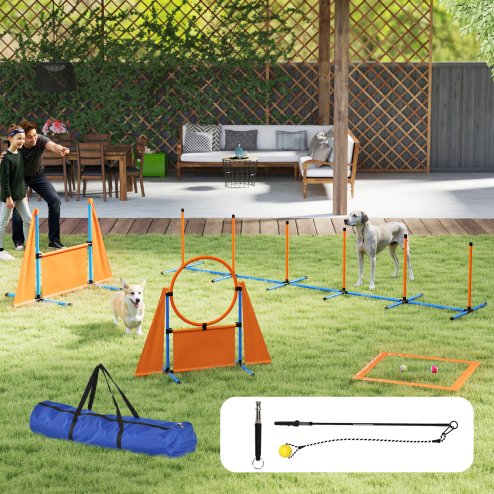 PawHut Dog Agility Equipment, 7-Piece Pet Agility Training Set with Weave Poles, Jump Ring, Hurdle, Pause Box, Bag, Obstacle Training Course Kit, Orange