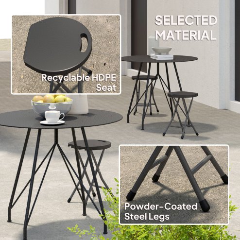 Outsunny Folding Stool Set of 4, Decorative Garden Stool Chair with Safety Latch, Foldable Garden Stools with Powder-Coated Steel Legs HDPE Seat and Handle for Indoor and Outdoor, Charcoal Grey