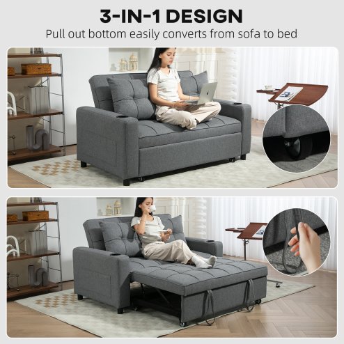 HOMCOM 2 Seater Sofa Bed, Convertible Pull Out Sofa Bed with Adjustable Backrest, Cup Holders and Pillows, Click Clack Settee for Living Room, Bedroom, Guest Room, Charcoal Grey