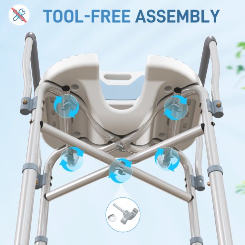 HOMCOM Shower Chair with Upgraded U-shaped Seat and Reinforced Crossbars, Height Adjustable Padded Bath Chair with Non-slip Feet for Elderly Seniors Disabled Handicap, Tool-Free Assembly