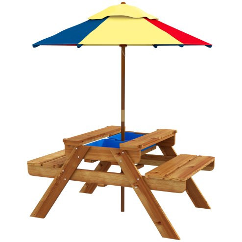 Outsunny Kids Picnic Table 3 in 1 Sand Pit Table Wooden Garden Furniture Bench Sand and Water Pit, with Removable Parasol, for Ages 3-6 Years Outdoor