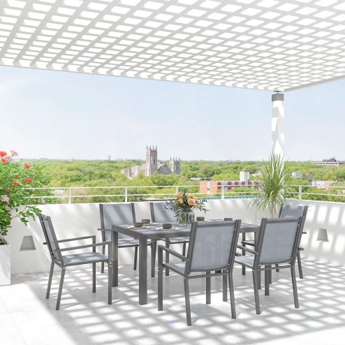 Outsunny 6 Seater Garden Dining Set with Stackable Armchairs, WPC Top Dining Table, Outdoor Table and Chairs, Garden Furniture Set, Light Grey