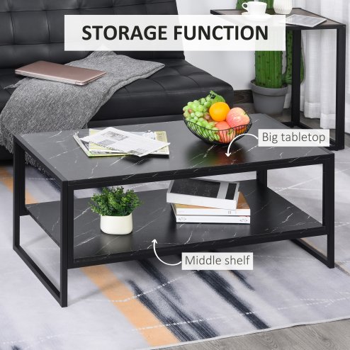 HOMCOM Coffee Table, Two-Tier Marble Centre Table with Metal Frame and Storage Shelf for Living Room, 106 x 50 x 45cm