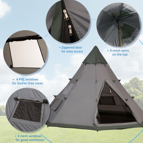 Outsunny 6 Men Tipi Tent, Camping Tent with Mesh Windows, Sewn-in Floor, Two Doors and Carry Bag, Easy Set Up, for Hiking Picnics Outdoor Night, Grey