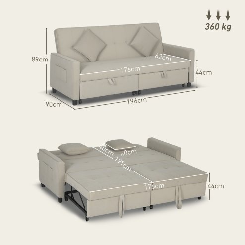 HOMCOM Sectional Sofa Bed, L-Shaped 3 Seater Sofa Bed, Reversible Sleeper Sofa with Pull Out Couch Bed, Cushions, Fabric Futon Sofa Bed for Living Room, Beige