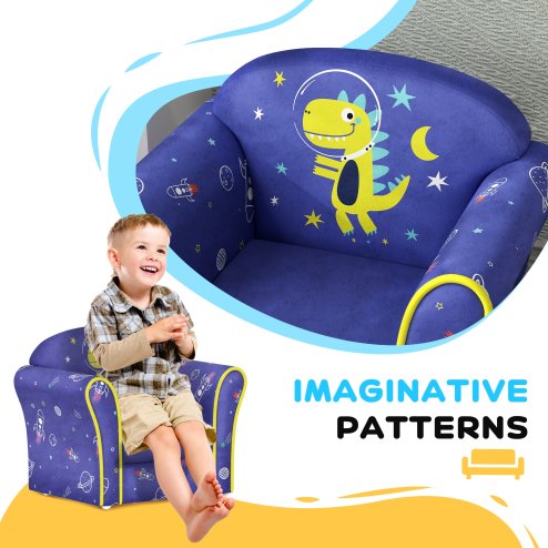 AIYAPLAY Kids Sofa Chair, Toddler Armchair with Planet and Dinosaur Design, Wooden Frame, Upholstered Toddler Chair for Bedroom, Playroom, Kids Room - Blue