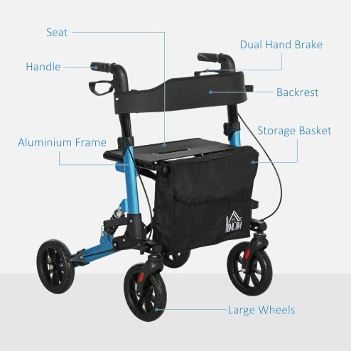 HOMCOM Folding Rollator Walker with Seat, Backrest, Lightweight Walking Frame with Storage Bag, Dual Brakes, Adjustable Handle Height, Suspension System, 4 Wheeled Walker for Seniors