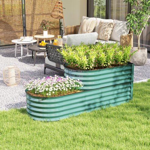 Outsunny 2-Tier Raised Garden Bed, Outdoor Galvanised Planter Box with Safety Edging and Gloves, Metal Raised Bed with Open Bottom for Vegetables, Flowers, Fruits and Herbs, Dark Green