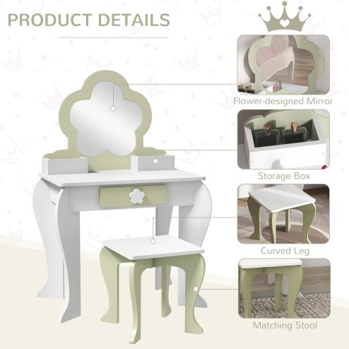 ZONEKIZ Dressing Table with Mirror and Stool, Kids Vanity Table with Drawer, Storage Boxes, Beauty Flower Design Girls Dressing Table for Ages 3-6 Years - White
