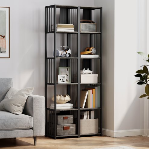 HOMCOM 5-Tier Bookshelf, Modern Tall Bookcase with Steel Frame, Freestanding Display Storage Unit for Living Room, Bedroom, Study, Home Office, Grey