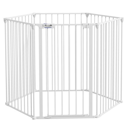 PawHut 2 in 1 Multifunctional Dog Pen, Safety Pet Gate, 6 Panels Dog Playpen with Double-Locking Door, Foldable Dog Barrier for Medium Dogs, 90Hcm - White