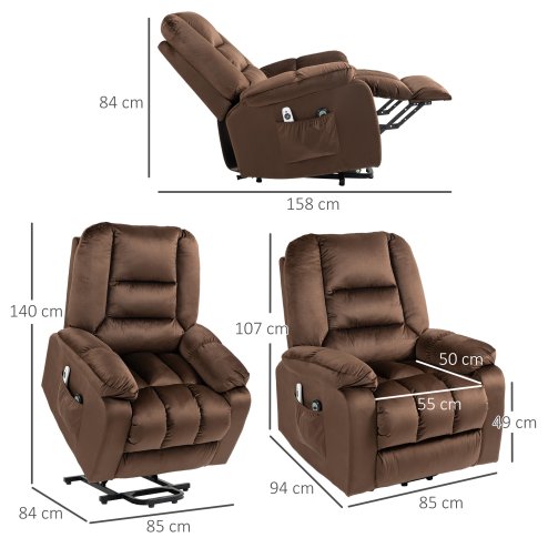 HOMCOM Velvet Riser and Recliner Chair for the Elderly, Quick Assembly, Fabric Overstuffed Lift Chair with Vibration Massage and Heat, Remote Control, Side Pockets, Dark Brown