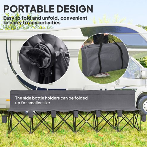 Outsunny 6 Seater Folding Bench, Outdoor Camping Chair Portable Sports Spectator Chair with Metal Frame, Cup Holder & Carry Bag, Charcoal Grey