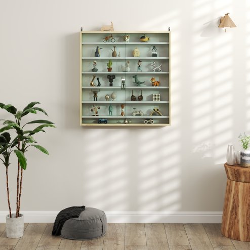 HOMCOM 7-Tier Wall Mounted Display Cabinet, Display Case with 6 Adjustable Shelves, Glass Doors for Home Office Ornaments 83x80cm, Oak