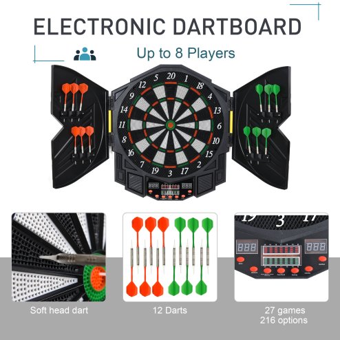 HOMCOM DART BOARD SET ELECTRONIC DARTBOARD LED DIGITAL SCORE DISPLAY SOFT TIP 27 GAMES SPEAKER SOUND WITH DARTS