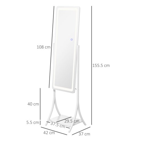 HOMCOM Full Length Mirror with LED Lights, Dimmable Free Standing Full Body Mirror with 3 Temperature Colours, Adjustable Angle and Storage Shelf for Bedroom, Living Room, Hallway, White
