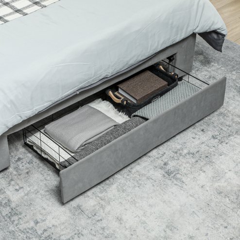 HOMCOM Double Ottoman Bed Frame with Hydraulic Lifting Storage, Wheeled Drawer, Adjustable Velvet Upholstered Headboard, Wooden Slats Mattress Foundation, No Box Spring Needed, Grey