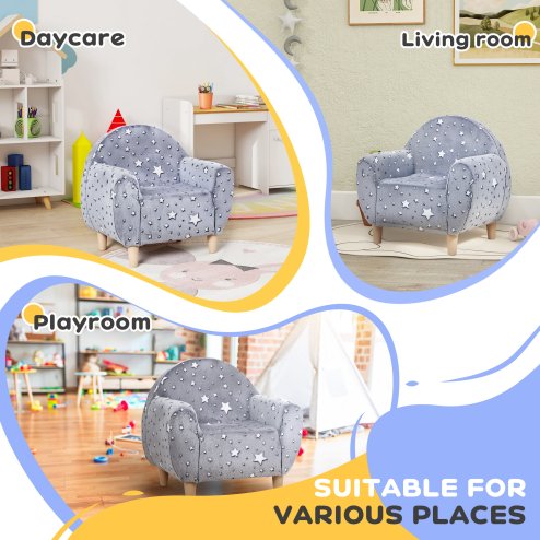 AIYAPLAY Kids Armchair, Glow in the Dark Single Chair with Star Design, Upholstered Toddler Tub Chair for Bedroom, Playroom, Kid Room, Grey