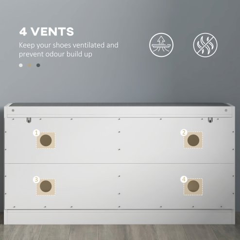 HOMCOM Shoe Storage Bench, Narrow Shoe Bench with 2 Flip Drawers, Seating Cushion and 2 Vents for 8 Pairs of Shoes for Entryway, Hallway, White