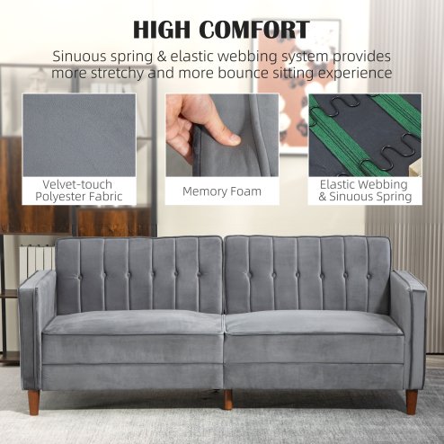 HOMCOM 3 Seater Velvet Sofa Bed, 189cm Click Clack Sofa Bed, Button Tufted Sleeper Couch with Split Reclining Backrest and Rubber Wood Legs