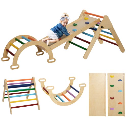 AIYAPLAY Toddler Climbing Frame, 5 In 1 Wooden Indoor Climbing Frame with Ramp, Arch, Foldable Pikler Triangle Set for Kids 18-48 Months, Multicoloured
