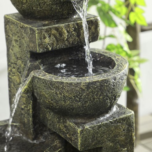 Outsunny Outdoor Garden Water Feature with 4-Tier Stacked Stone Look Bowls, Patio Cascading Waterfall Fountain, Adjustable Flow, Rustic D??cor, Black and Yellow