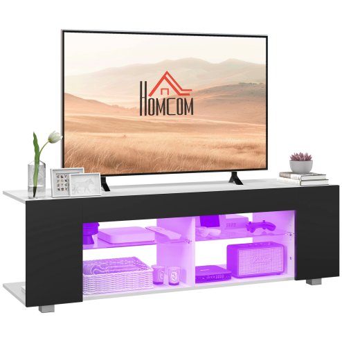 HOMCOM 145cm TV Unit with Glass Shelves and LED Light, Modern TV Stand Cabinet for Living Room, Entertainment Unit for 60 inch 4k TV