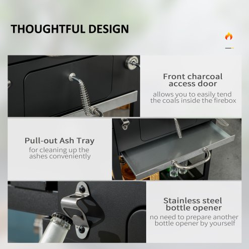 Outsunny Charcoal Barbecue Grill Trolley with Adjustable Charcoal Pan, Galvanised Steel Smoker BBQ Grill with Storage Shelves, Lid, Themometer, Bottle Opener and Wheels, Black