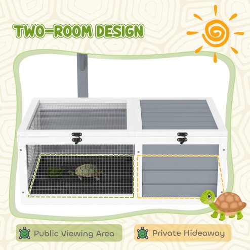 PawHut Tortoise House, Wooden Tortoise Enclosure, Tortoise Habitat with Lamp Holder, 2 Pull-Out Trays, Hideaway, Run, for Indoor, Outdoor, Light Grey
