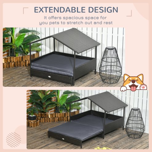 PawHut Rattan Dog House, Extendable Outdoor Wicker Dog Bed w/ Water-Resistant Roof, Removable Cushion, for Small and Medium Dogs - Grey
