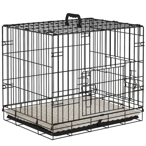 PawHut Dog Crate, Folding Metal Dog Cage with Two Doors, Tray, Soft Cushion, for Extra Small Dogs, 60 x 40 x 50 cm, Black